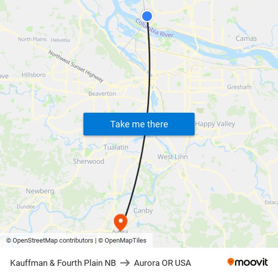 Kauffman & Fourth Plain NB to Aurora OR USA map