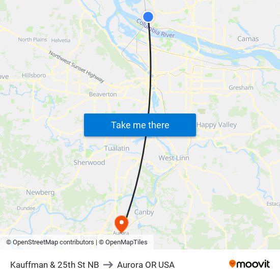 Kauffman & 25th St NB to Aurora OR USA map