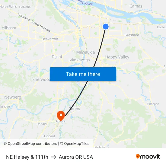 NE Halsey & 111th to Aurora OR USA map