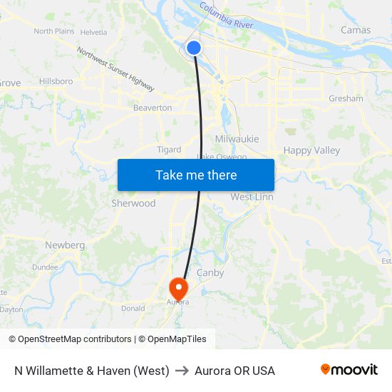 N Willamette & Haven (West) to Aurora OR USA map