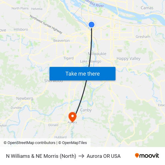 N Williams & NE Morris (North) to Aurora OR USA map