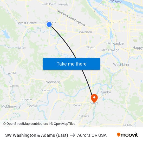 SW Washington & Adams (East) to Aurora OR USA map