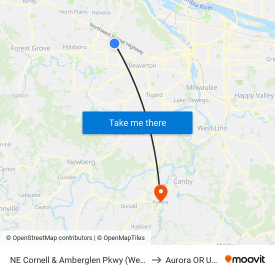 NE Cornell & Amberglen Pkwy (West) to Aurora OR USA map