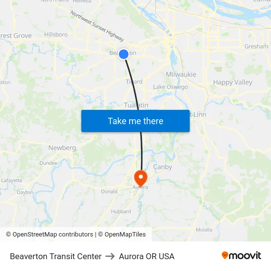 Beaverton Transit Center to Aurora OR USA map