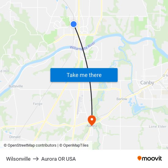 Wilsonville to Aurora OR USA map