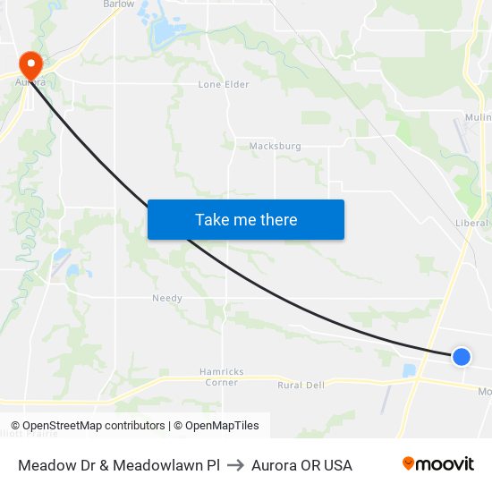 Meadow Dr & Meadowlawn Pl to Aurora OR USA map