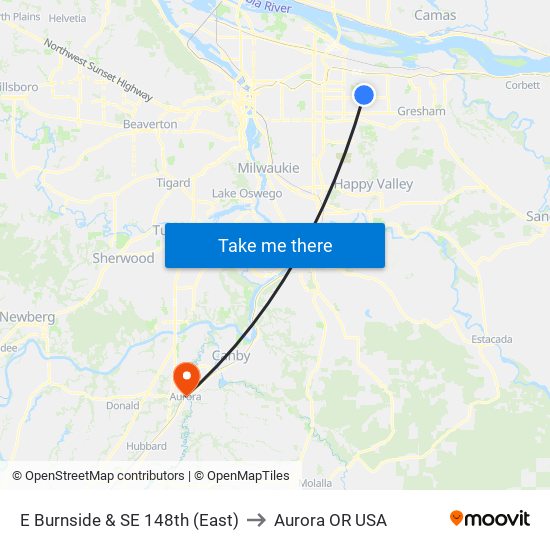 E Burnside & SE 148th (East) to Aurora OR USA map