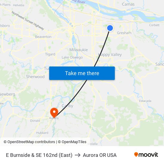 E Burnside & SE 162nd (East) to Aurora OR USA map