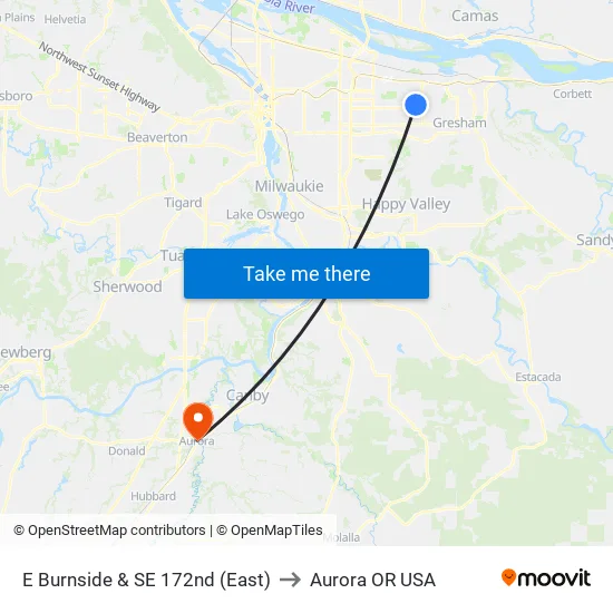 E Burnside & SE 172nd to Aurora OR USA map