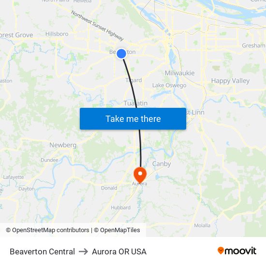 Beaverton Central to Aurora OR USA map