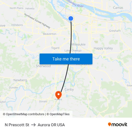 N Prescott St to Aurora OR USA map