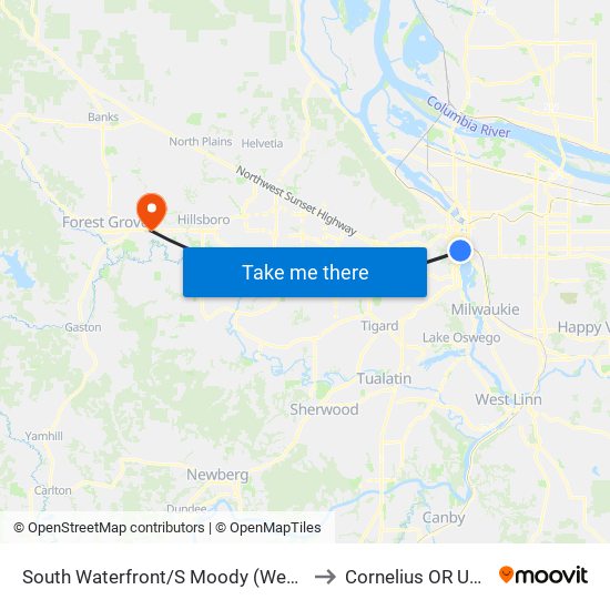 South Waterfront/S Moody (West) to Cornelius OR USA map