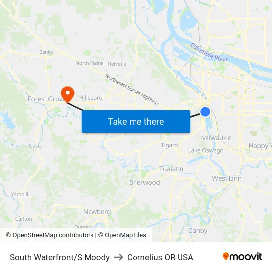 South Waterfront/S Moody to Cornelius OR USA map