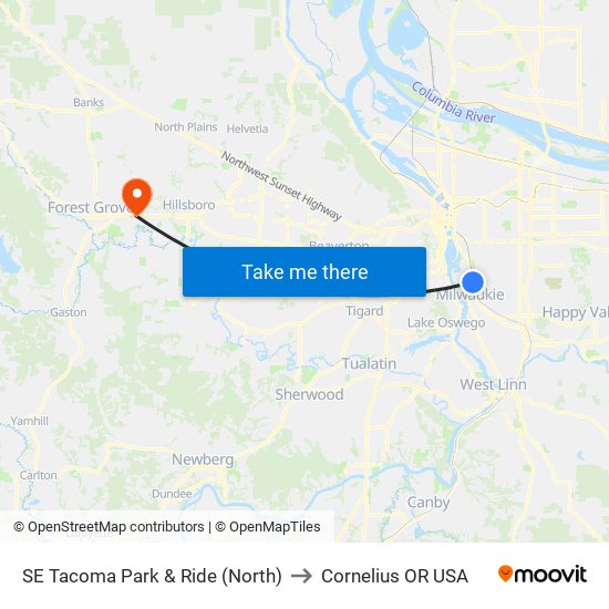 SE Tacoma Park & Ride (North) to Cornelius OR USA map