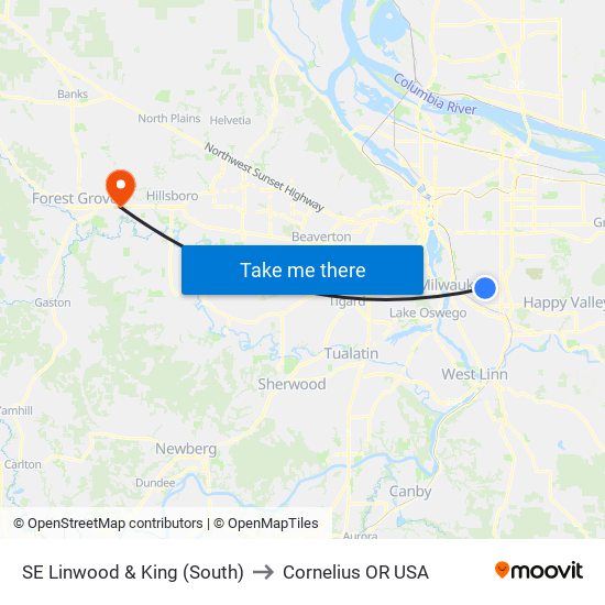 SE Linwood & King (South) to Cornelius OR USA map
