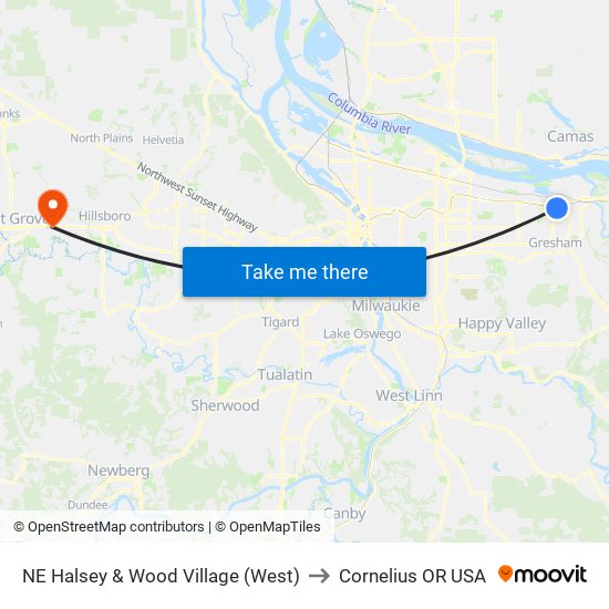 NE Halsey & Wood Village (West) to Cornelius OR USA map