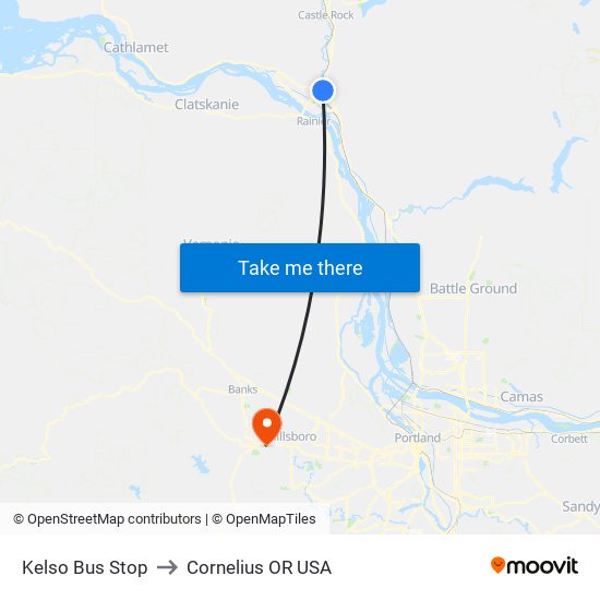 Kelso Bus Stop to Cornelius OR USA map