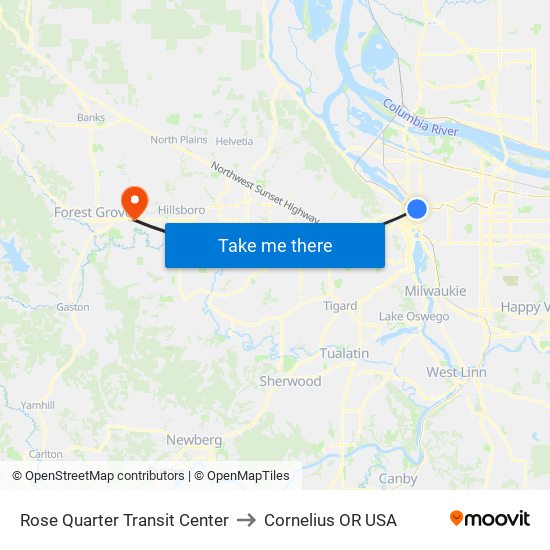 Rose Quarter Transit Center to Cornelius OR USA map