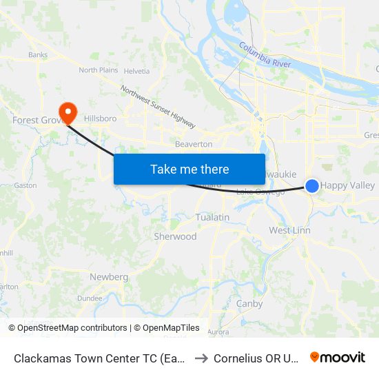 Clackamas Town Center TC (East) to Cornelius OR USA map