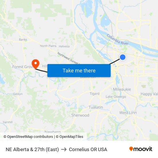NE Alberta & 27th (East) to Cornelius OR USA map