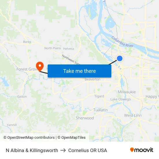 N Albina & Killingsworth to Cornelius OR USA map