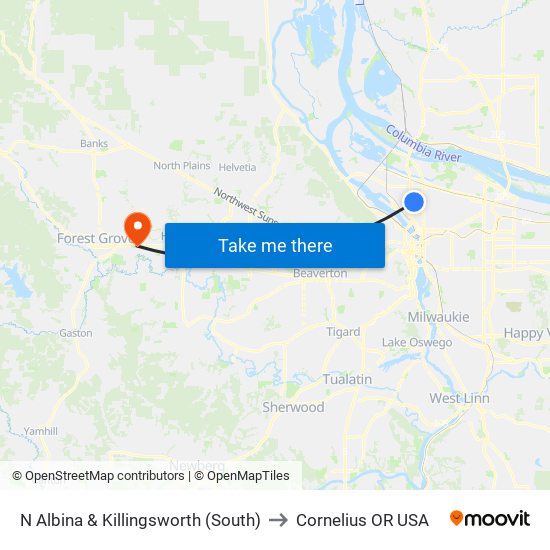 N Albina & Killingsworth (South) to Cornelius OR USA map