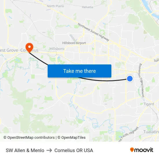 SW Allen & Menlo to Cornelius OR USA map