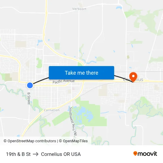 19th & B St to Cornelius OR USA map