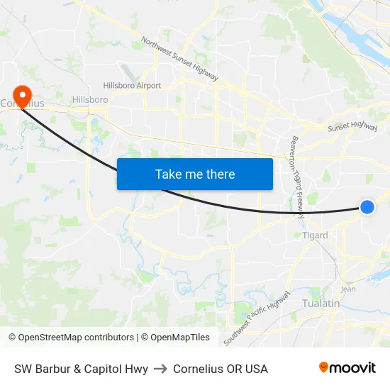 SW Barbur & Capitol Hwy to Cornelius OR USA map