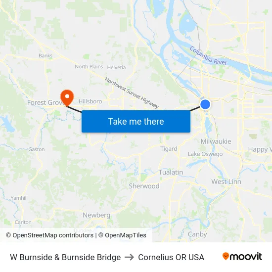 W Burnside & Burnside Bridge to Cornelius OR USA map