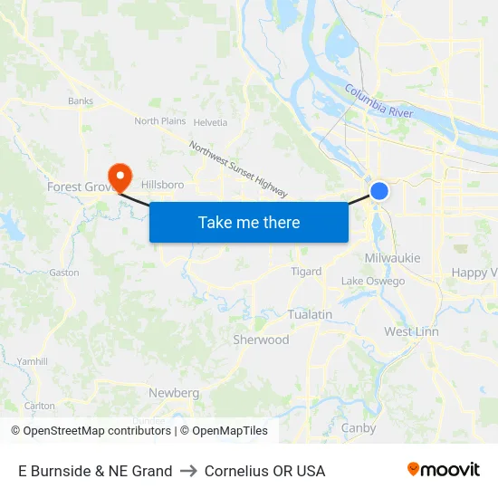 E Burnside & NE Grand to Cornelius OR USA map