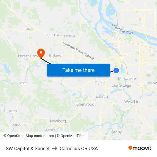 SW Capitol & Sunset to Cornelius OR USA map