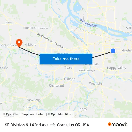 SE Division & 142nd Ave to Cornelius OR USA map