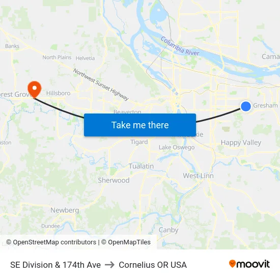 SE Division & 174th Ave to Cornelius OR USA map