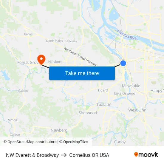 NW Everett & Broadway to Cornelius OR USA map