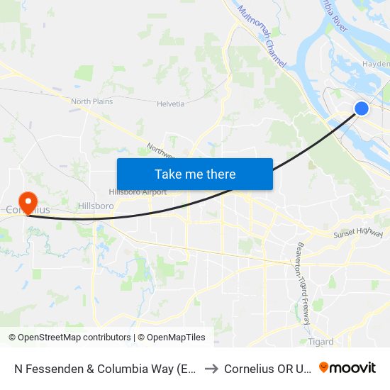 N Fessenden & Columbia Way (East) to Cornelius OR USA map