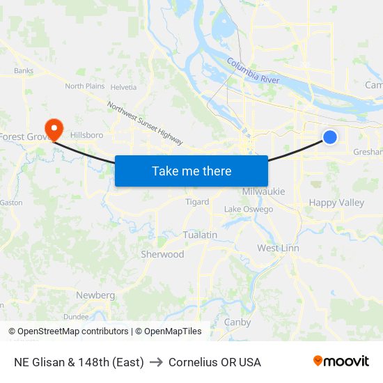 NE Glisan & 148th (East) to Cornelius OR USA map