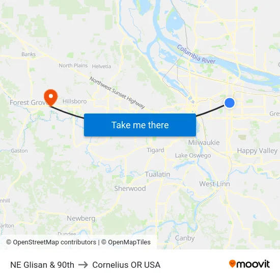 NE Glisan & 90th to Cornelius OR USA map
