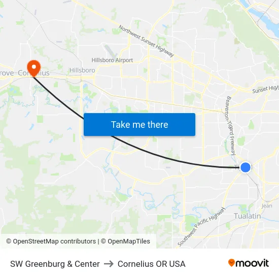 SW Greenburg & Center to Cornelius OR USA map