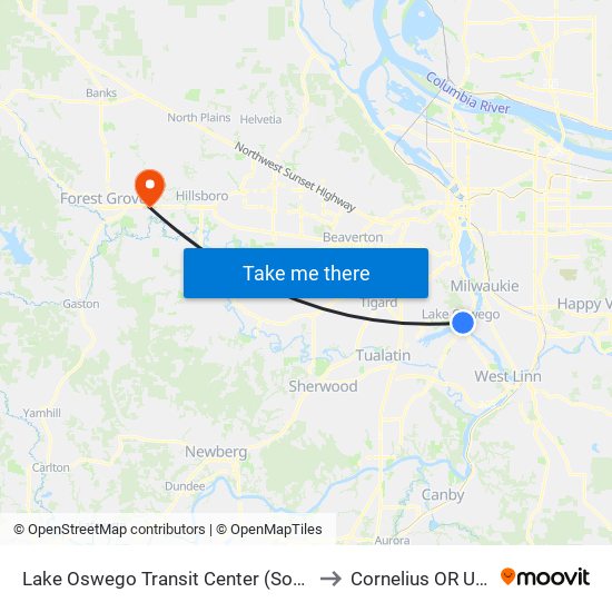 Lake Oswego Transit Center (South) to Cornelius OR USA map