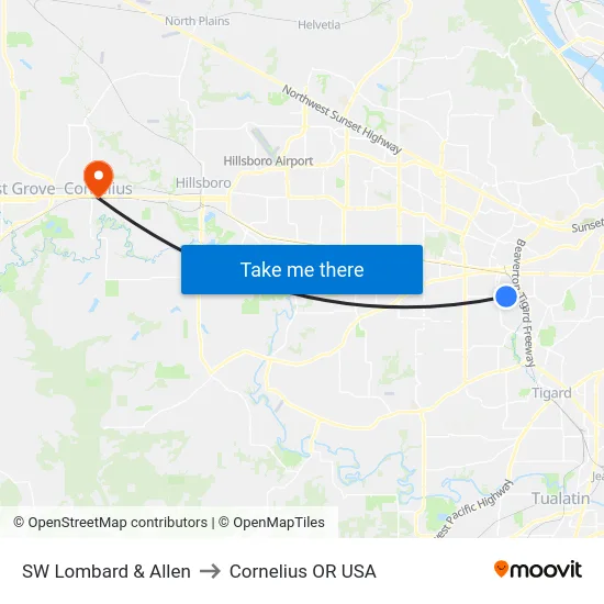 SW Lombard & Allen to Cornelius OR USA map