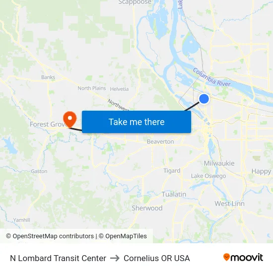 N Lombard Transit Center to Cornelius OR USA map