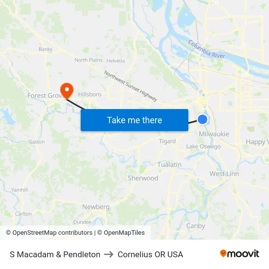 S Macadam & Pendleton to Cornelius OR USA map