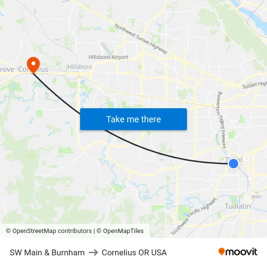 SW Main & Burnham to Cornelius OR USA map