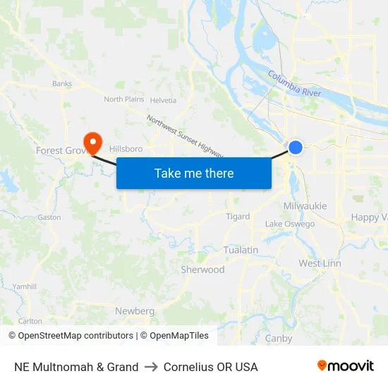 NE Multnomah & Grand to Cornelius OR USA map