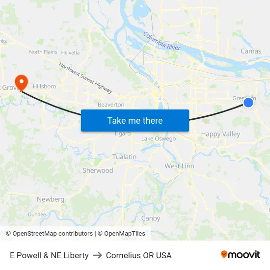 E Powell & NE Liberty to Cornelius OR USA map