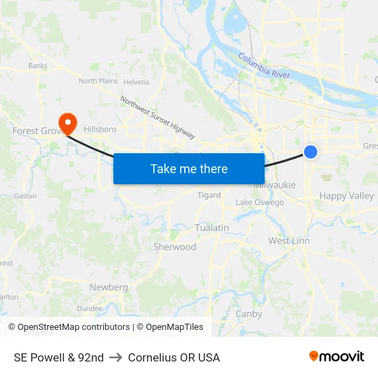 SE Powell & 92nd to Cornelius OR USA map