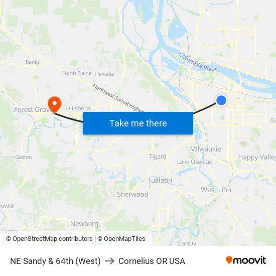 NE Sandy & 64th (West) to Cornelius OR USA map