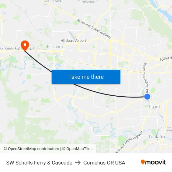 SW Scholls Ferry & Cascade to Cornelius OR USA map