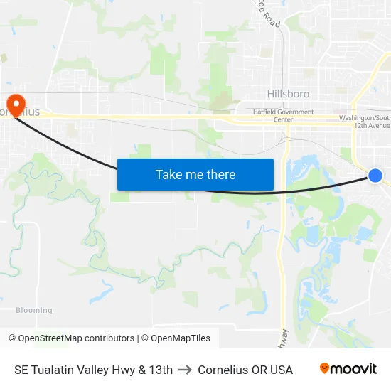 SE Tualatin Valley Hwy & 13th to Cornelius OR USA map